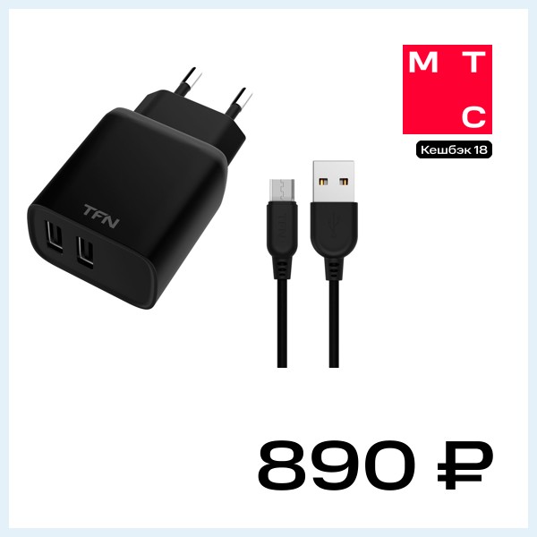 СЗУ TFN 2USB Rapid + кабель MicroUSB 2.4А Black